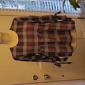 Umgee brown aqua white plaid statement 3/4 sleeve bow ruffle gathered top M EUC…